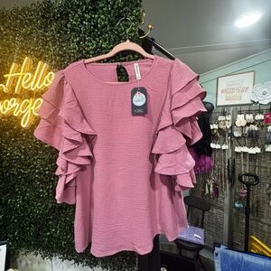 Zenana Ruffle Sleeve Airflow Blouse, Light Rose